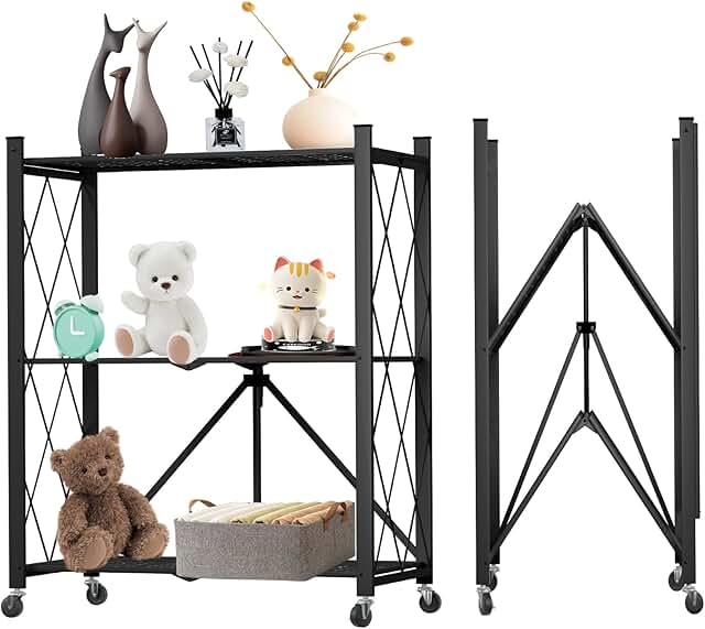 Three-Tier Foldable Metal Storage Shelf with Wheels