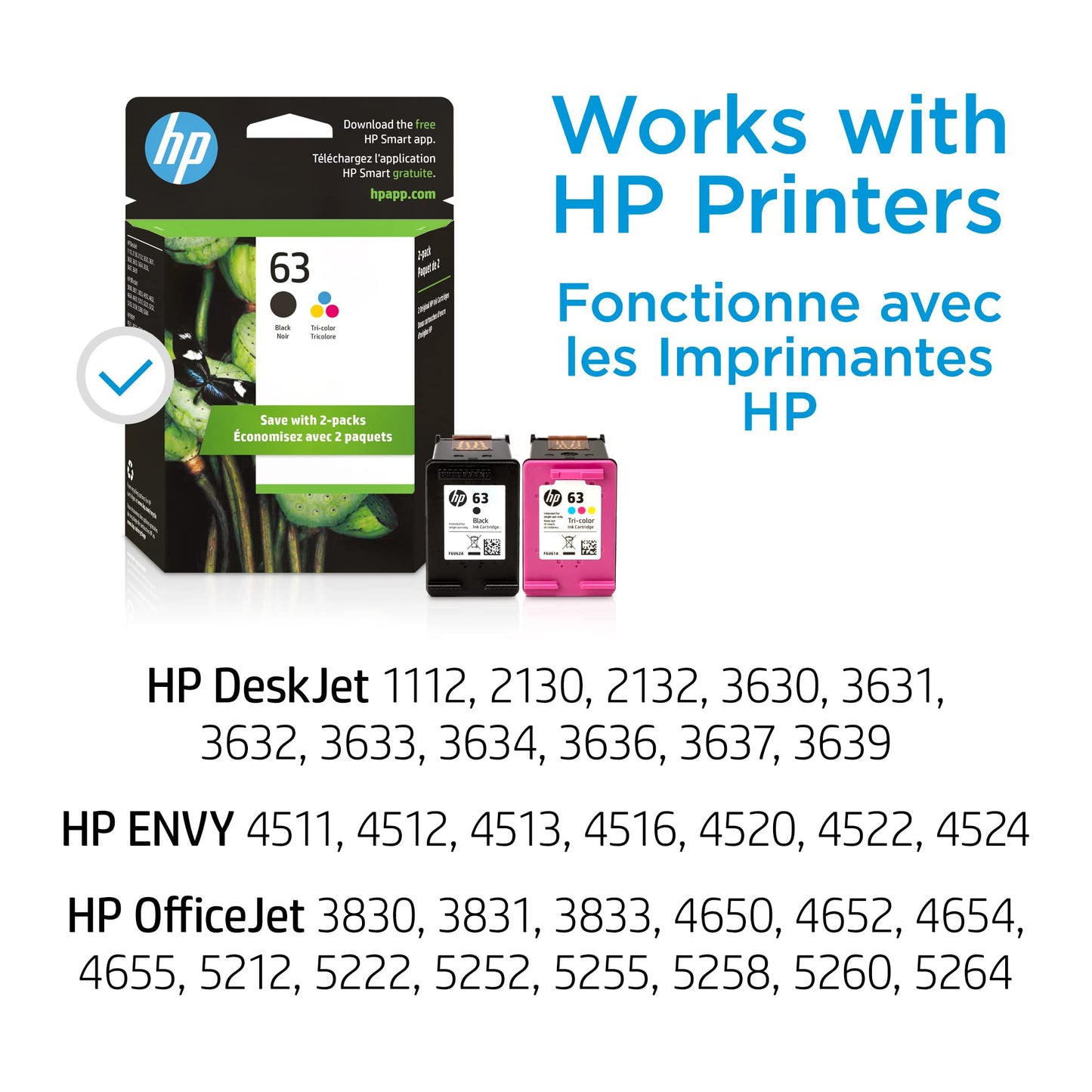 Original 63 Black/Tri-color Ink (2-pack) | Works with DeskJet 1112, 2130, 3630 Series; ENVY 4510, 4520 Series; OfficeJet 3830, 4650, 5200 Series | Eligible for Instant Ink | L0R46AN