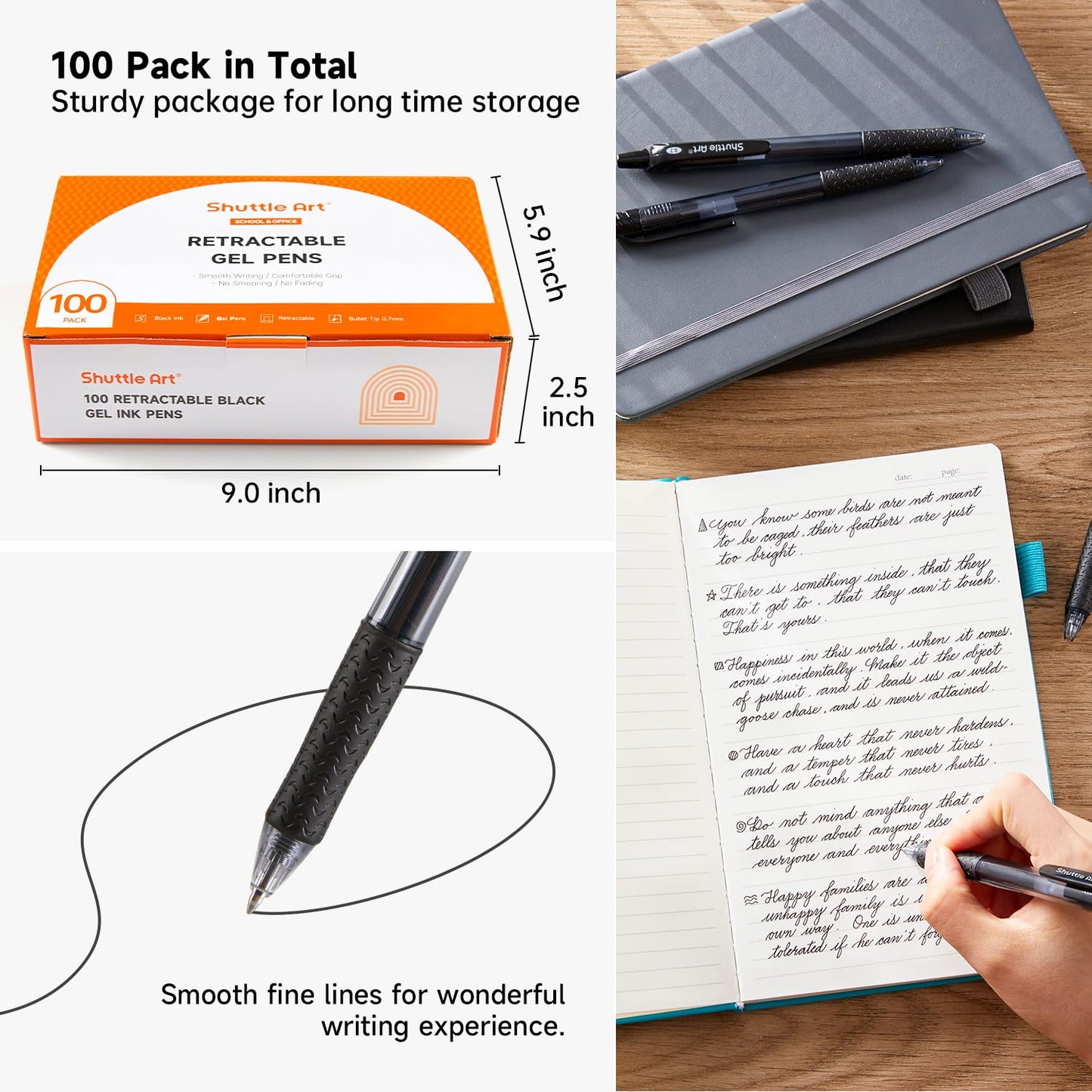 Black Gel Pen Set, 100 Retractable Medium Point Pens