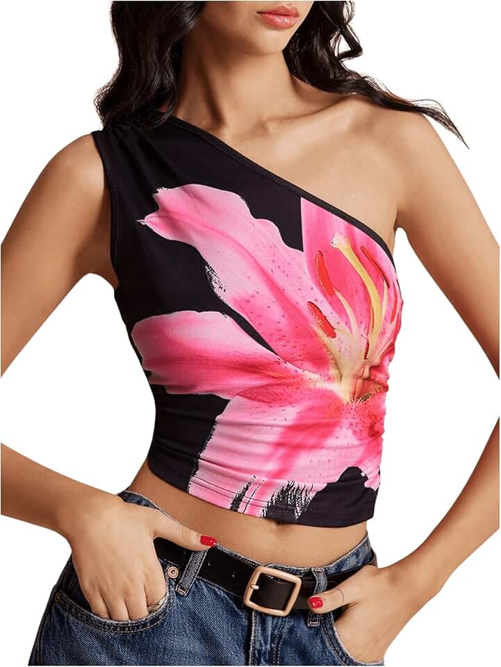 Women's Floral One-Shoulder Sleeveless Crop Top