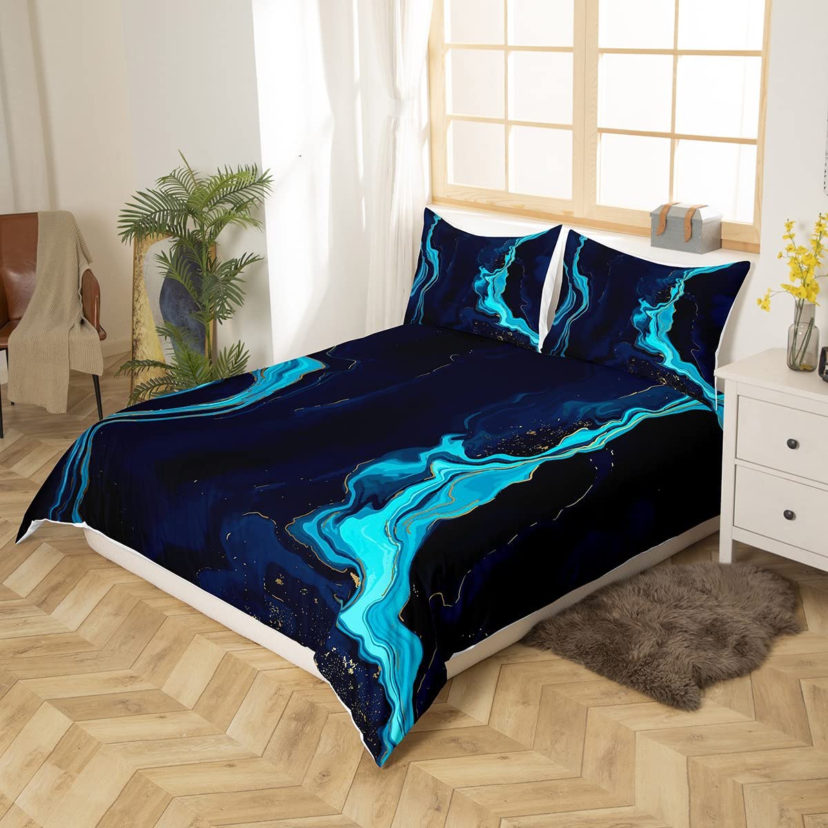 Blue Marble Duvet Cover Set Marble Texture Bedding Set for Kids Boys Girls Abstract Art Comforter Cover Modern Quilt Cover 1 Duvet Cover with 2 Pillowcases Queen Size