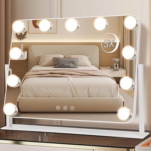 Round lighted makeup mirror with 11 LED bulbs and 5X magnification