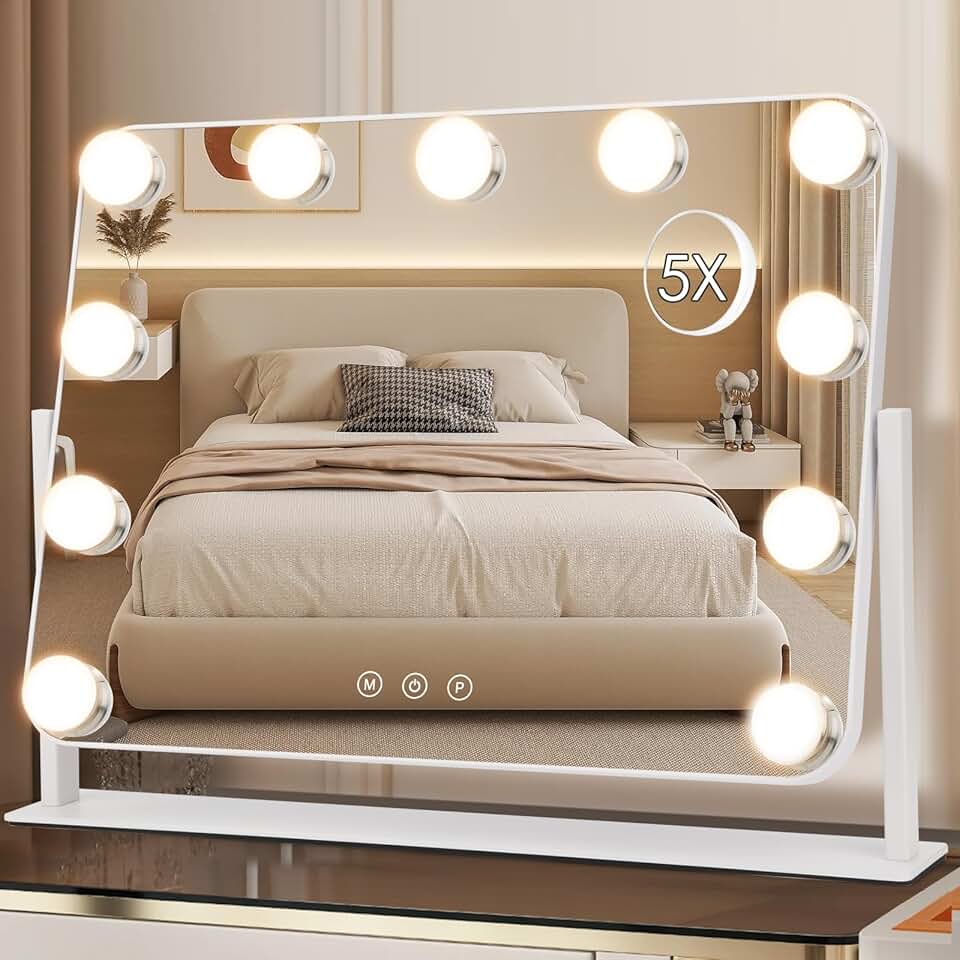 Round lighted makeup mirror with 11 LED bulbs and 5X magnification