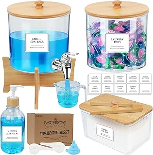 Liquid Laundry Detergent Dispenser Set with Lids and Labels