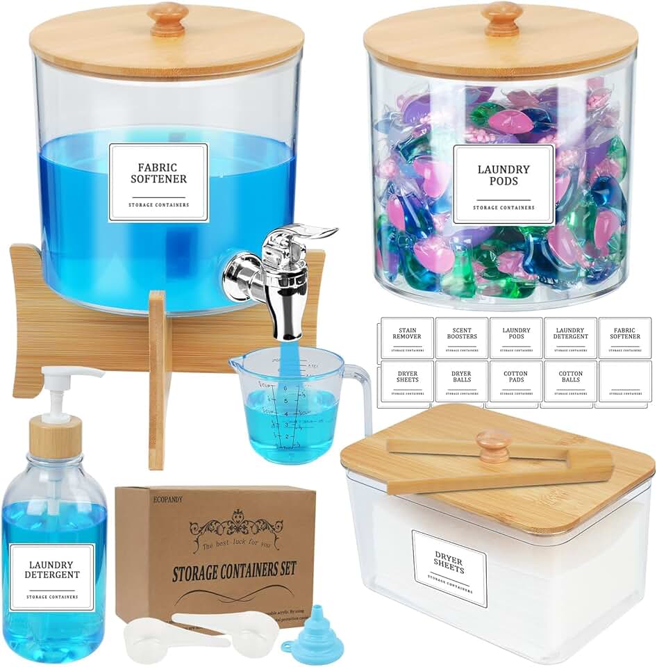Liquid Laundry Detergent Dispenser Set with Lids and Labels