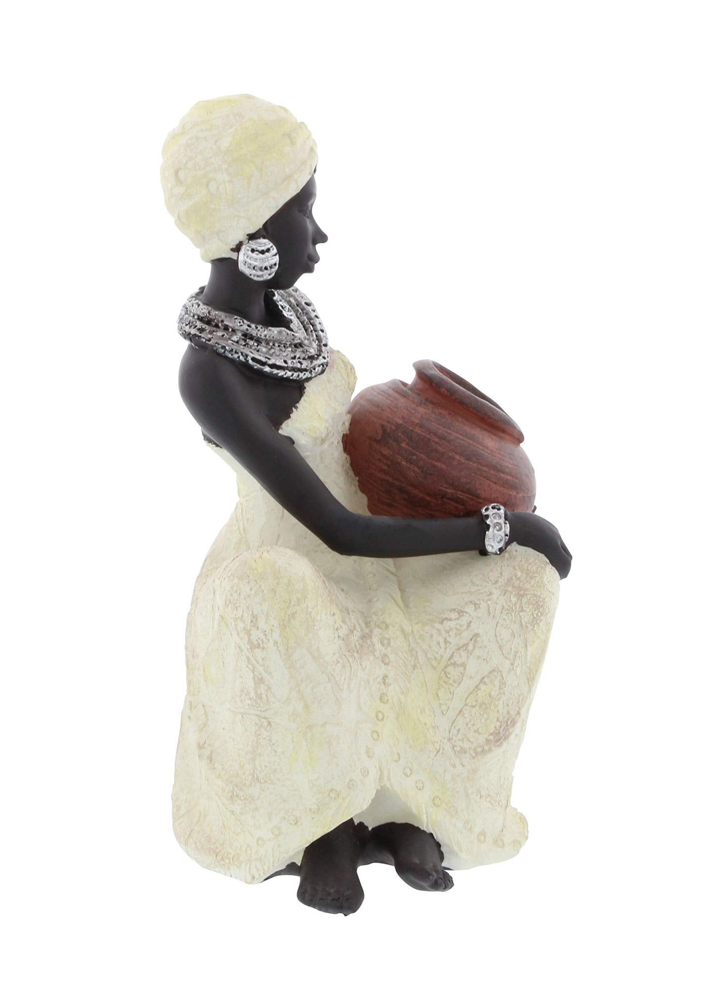 Polystone W n Sitting African Sculpture with Red Water Pot, 6" x 6" x 10", Cream