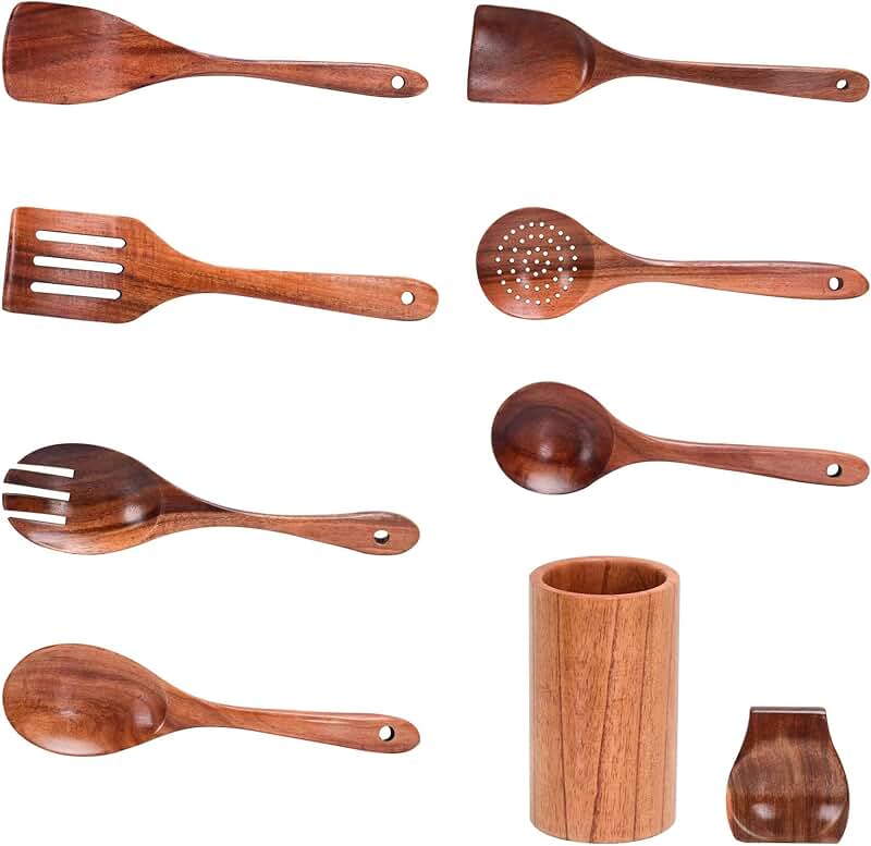 8-Piece Wooden Spoon Set with Holder and Hooks