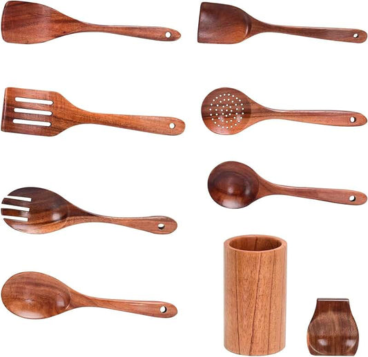 8-Piece Wooden Spoon Set with Holder and Hooks