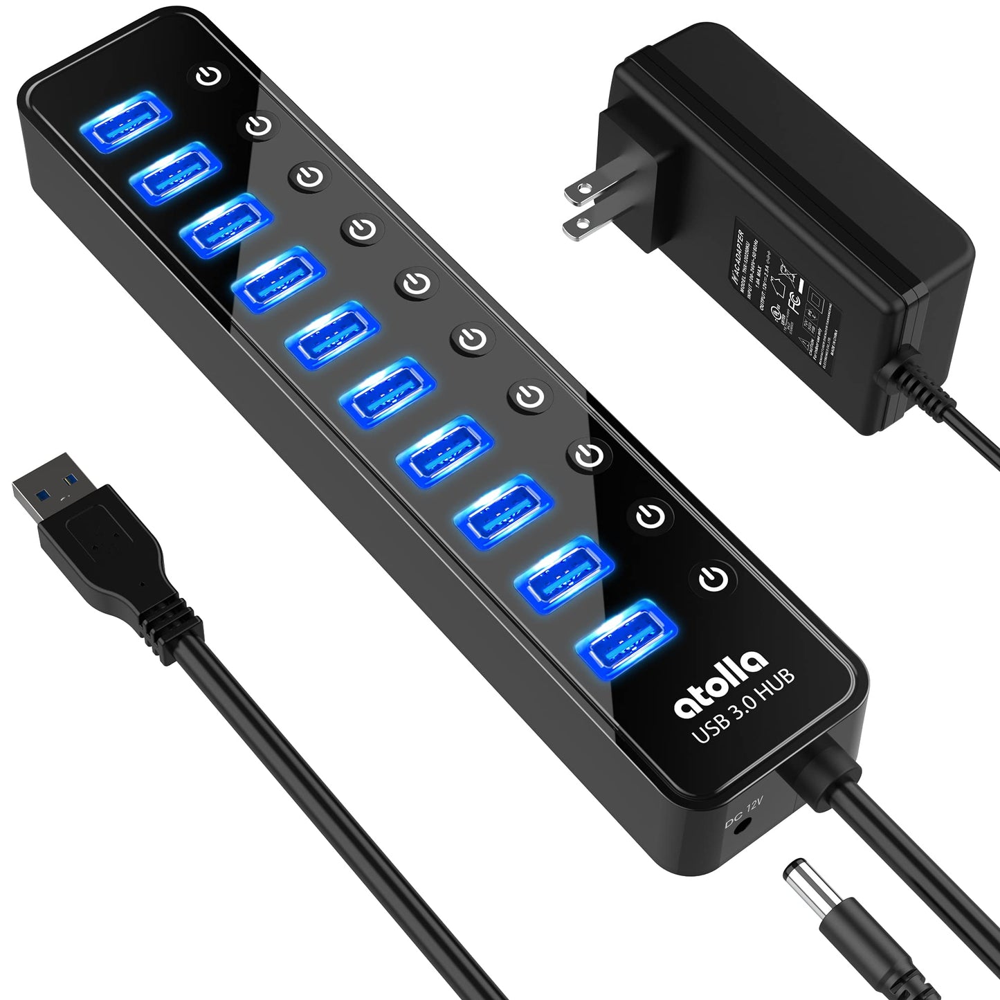 Powered USB 3.0 Hub, 10 Ports USB Data Hub Splitter with Individual ON/Off Switches and 12V/2.5A Power Adapter USB Extension for Mouse, Keyboard, Hard Drive or More USB Devices