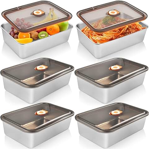 Set of 6 stainless steel food storage containers with airtight lids