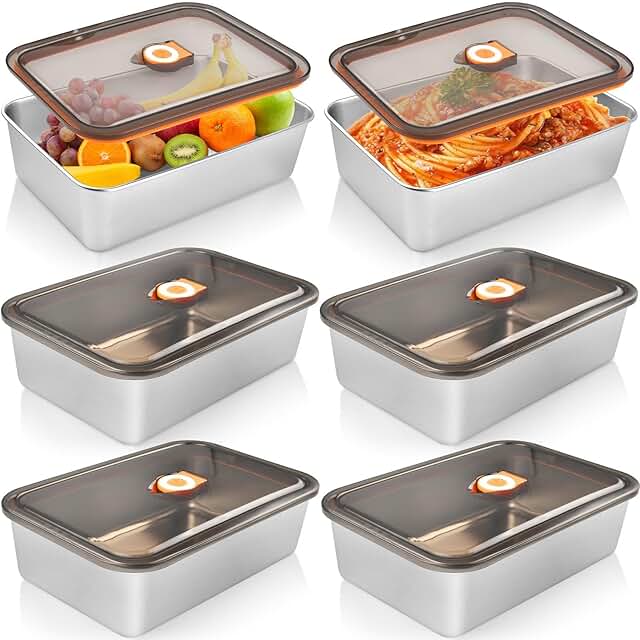 Set of 6 stainless steel food storage containers with airtight lids