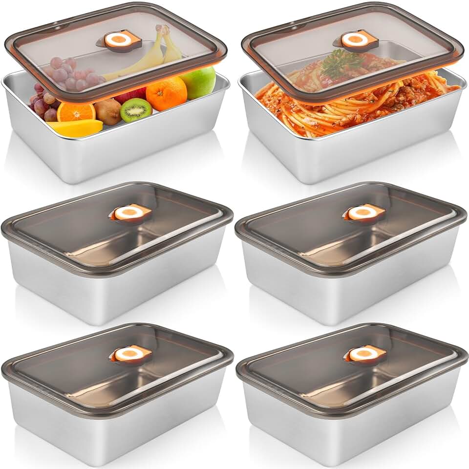 Set of 6 stainless steel food storage containers with airtight lids