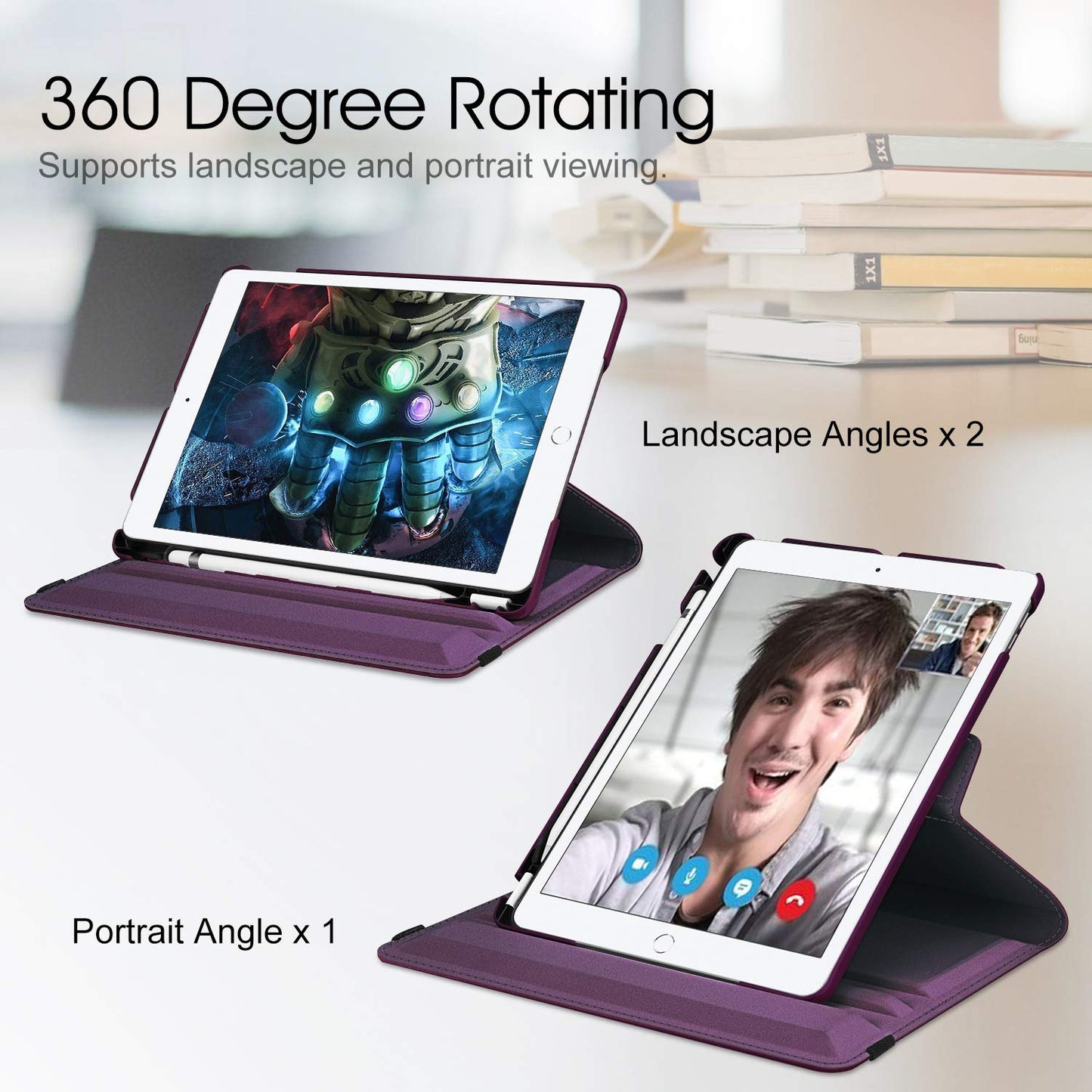 Rotating Case for iPad 9th Generation (2021) / 8th Generation (2020) / 7th Gen (2019) 10.2 Inch - 360 Degree Rotating Protective Stand Cover with Pencil Holder, Auto Wake Sleep, Purple