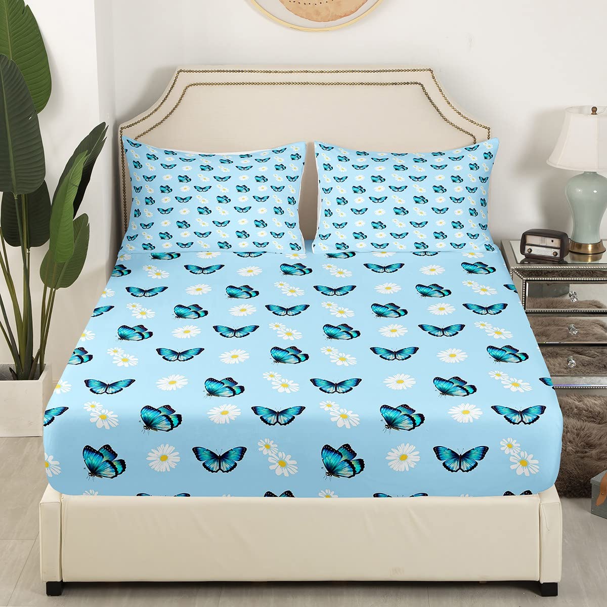 Butterfly Bed Sheets,Daisy Flower Bedding Set Full Size,Teal Blue Butterflies Bed Cover for Kids Boys Girls Teens Women Bedroom Decor,Gorgeous Floral Fitted Sheet