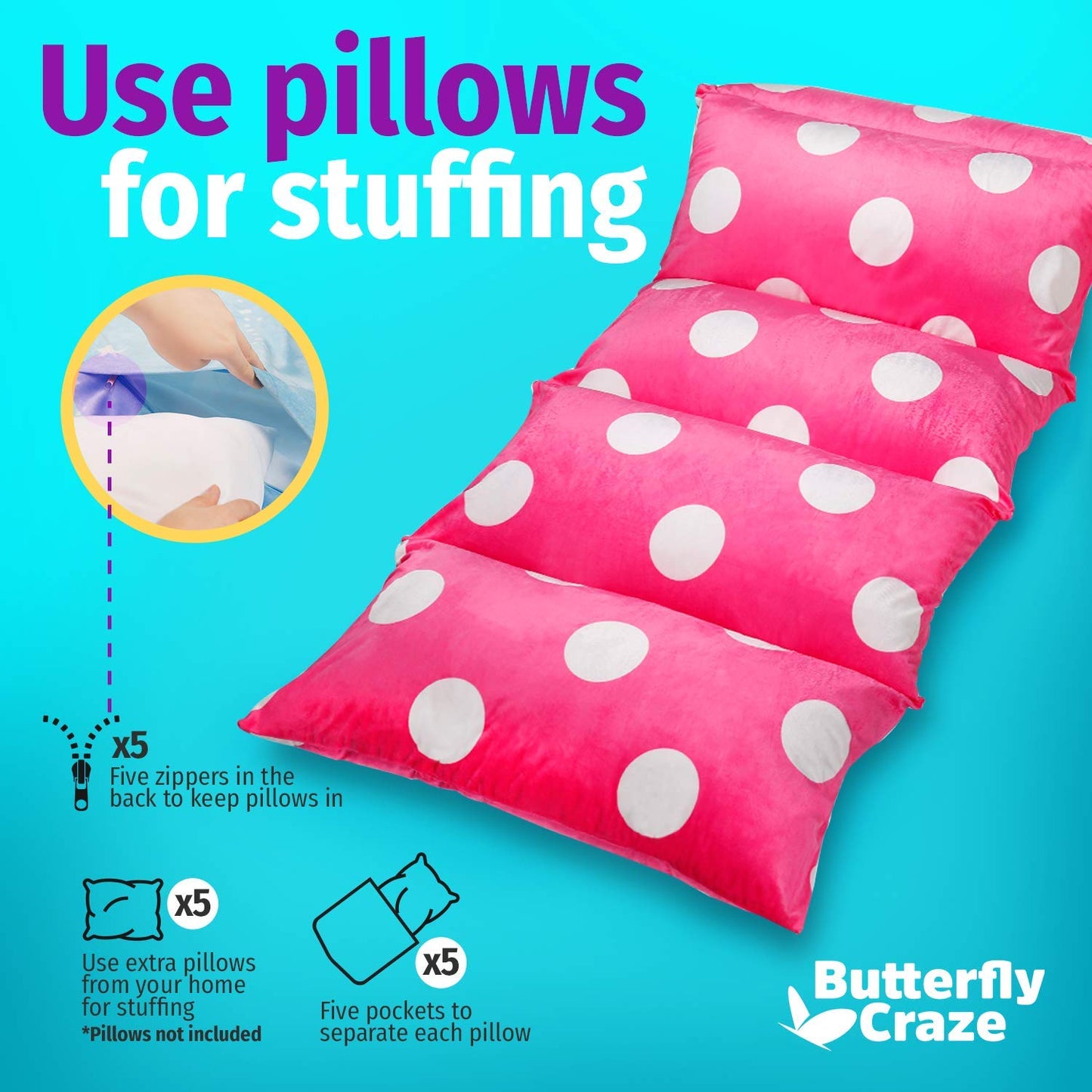 Pillow Bed Floor Lounger Cover 5 King Pillows Required)  Perfect Recliner Floor Pillow for Kids  Pillow Lounger for Reading Playing Games  Hot Pink Polka Dot, King