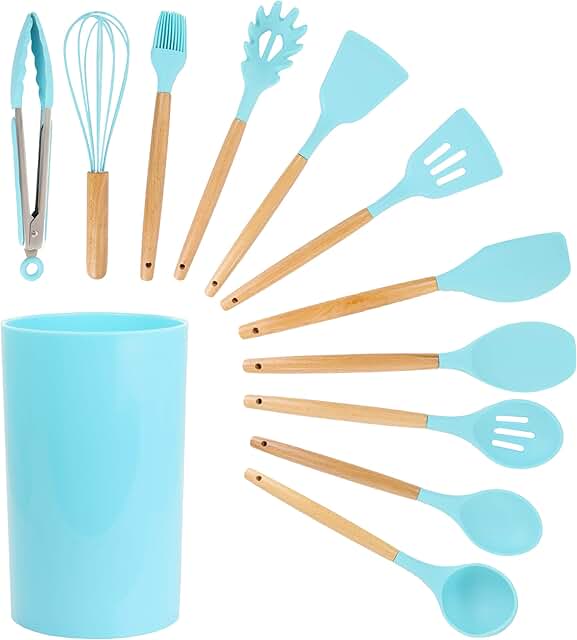 12-Piece Wooden Kitchen Utensil Set in Light Teal