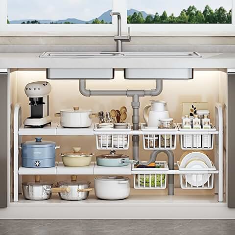 Expandable two-tier metal sink organizer with baskets