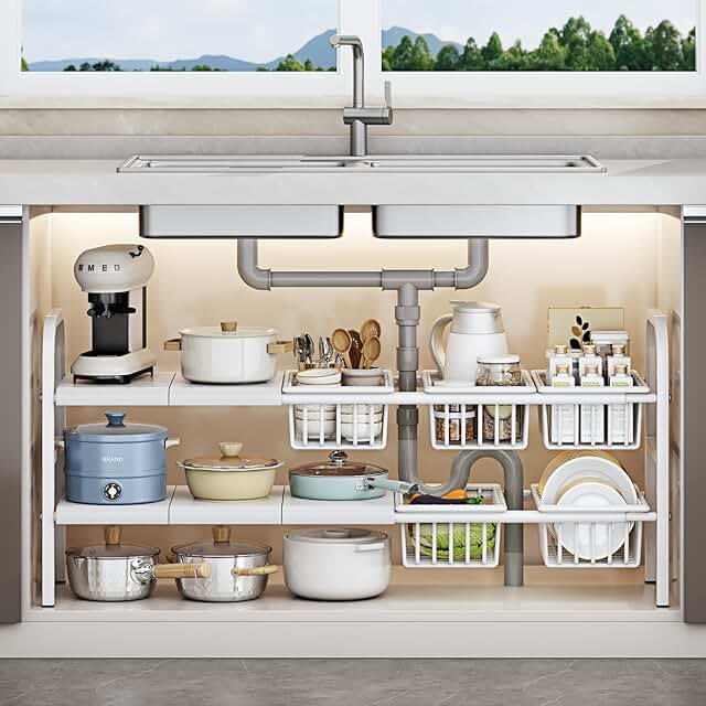 Expandable two-tier metal sink organizer with baskets