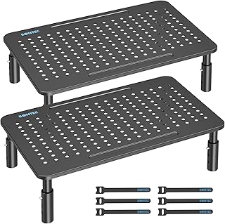 Two Adjustable Monitor Stands with Pen Holder, Black Steel