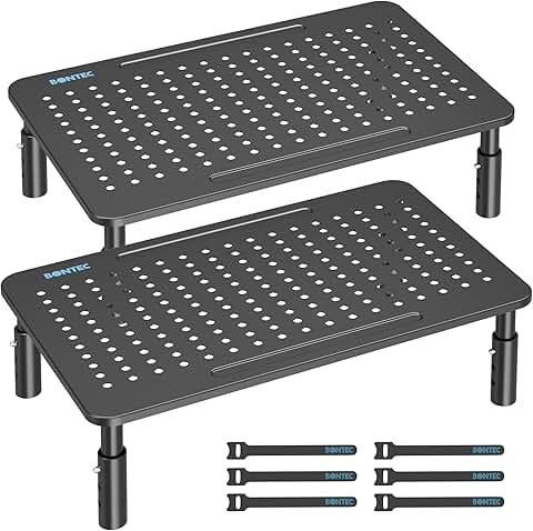 Two Adjustable Monitor Stands with Pen Holder, Black Steel