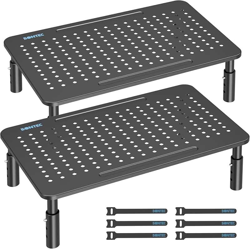 Two Adjustable Monitor Stands with Pen Holder, Black Steel