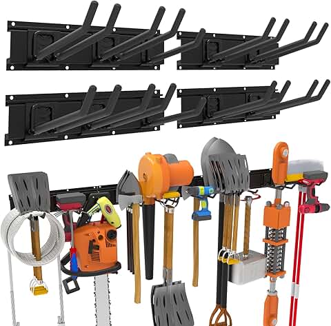 Wall-Mounted Garage Tool Organizer with 4 Rails and Hooks