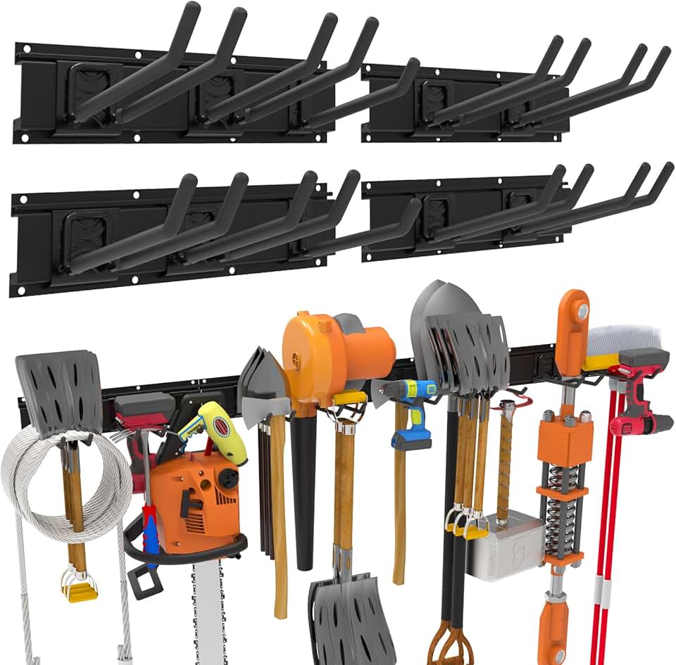 Wall-Mounted Garage Tool Organizer with 4 Rails and Hooks