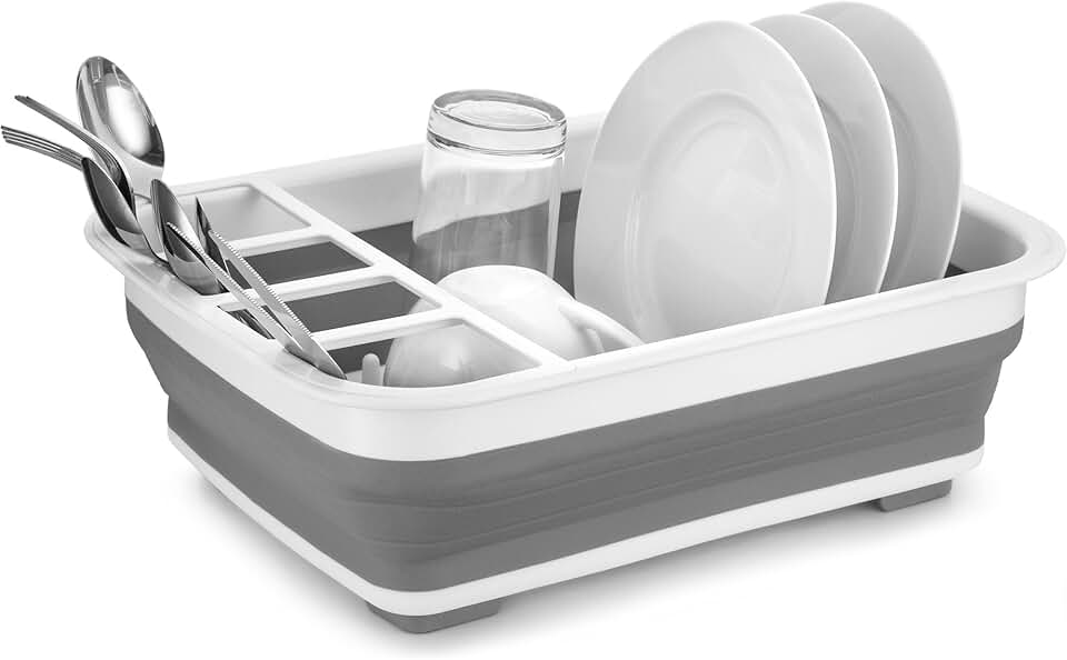 Silicone and Plastic Collapsible Dish Rack with Cutlery Holder