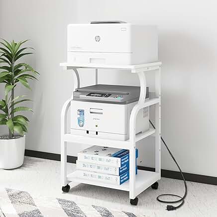 Three-Tier Rolling Printer Stand with Adjustable Shelves