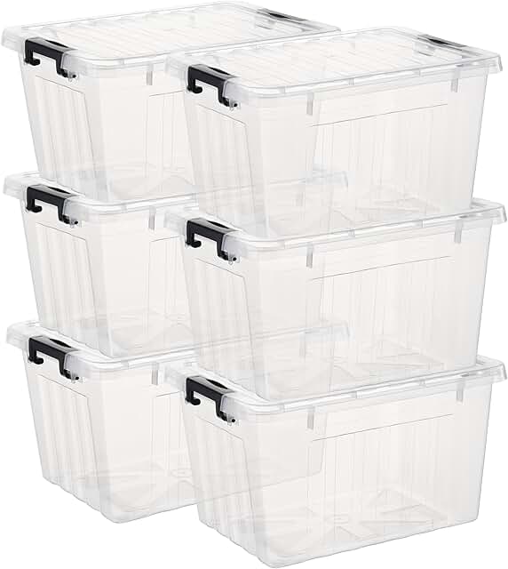 Stackable clear plastic storage bins with lids, 6-pack