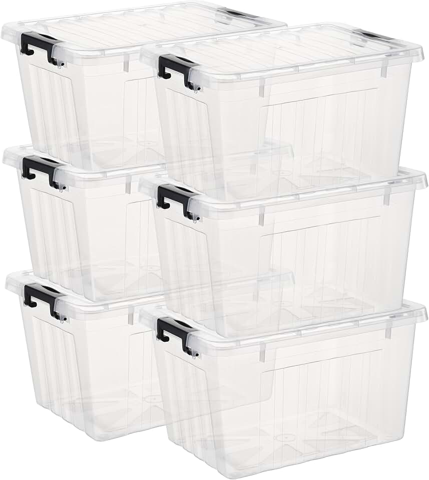 Stackable clear plastic storage bins with lids, 6-pack