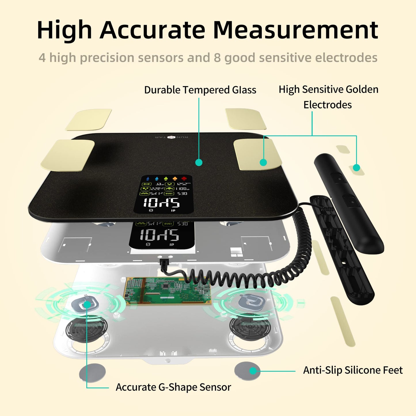 Scale for Body Weight, 8 Electrodes High Accurate Rechargeable Composition Analyzer with Heart Rate Heart Index Body Fat Scale Digital Bathroom Scale Composition Muscle  Fat Measurement 400