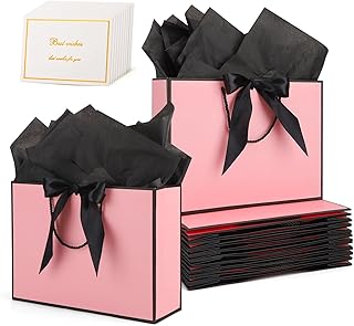 Set of 10 pink gift bags with handles and ribbons