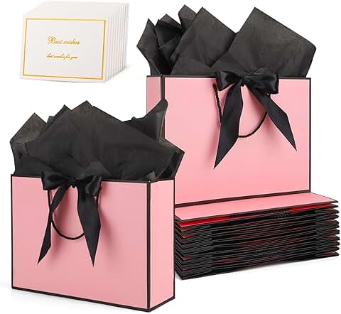 Set of 10 pink gift bags with handles and ribbons
