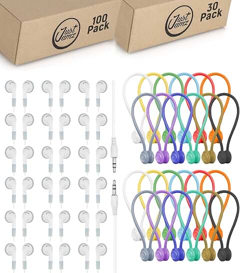 100 White Wired Earbuds with Cable Ties for Classroom