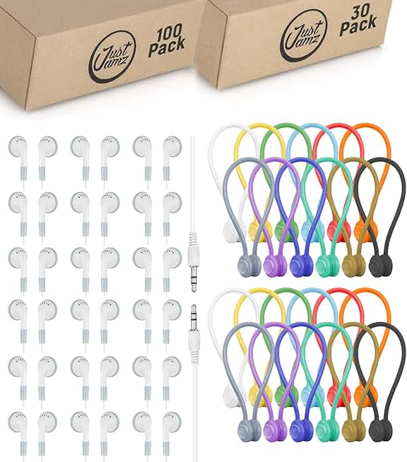 100 White Wired Earbuds with Cable Ties for Classroom