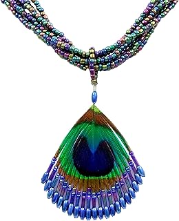 Iridescent Peacock Feather Beaded Necklace for Women