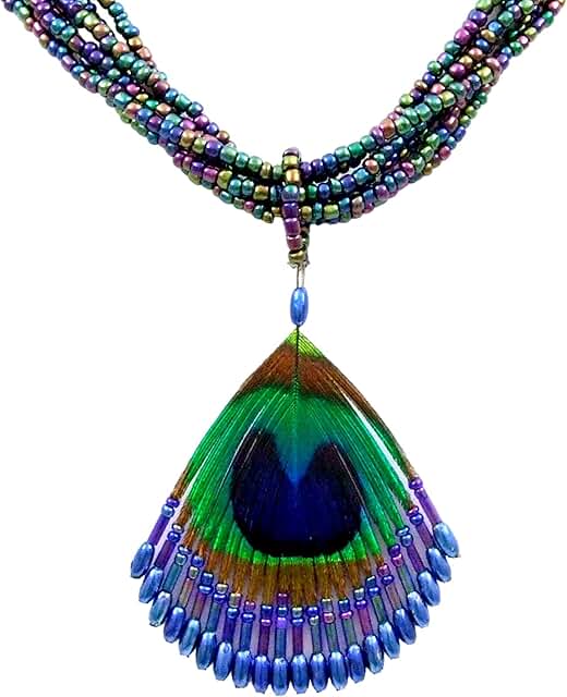 Iridescent Peacock Feather Beaded Necklace for Women