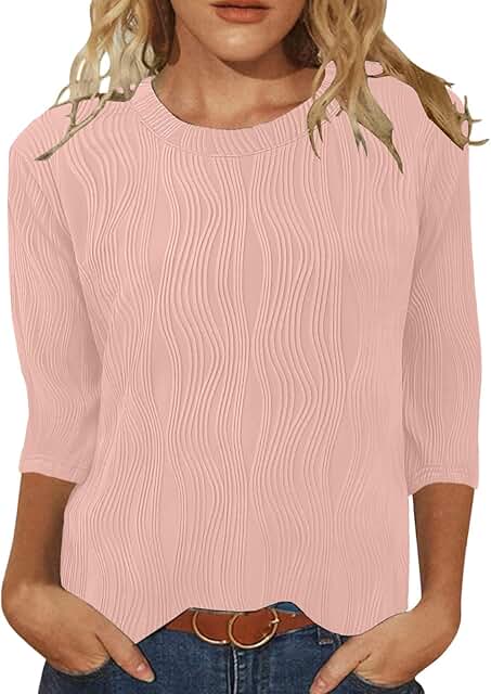 Women's Casual Dressy 3/4 Sleeve Round Neck Blouses