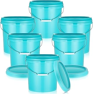 Set of 6 Blue Plastic Buckets with Lids and Handles