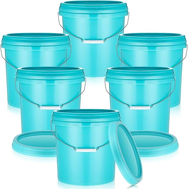 Set of 6 Blue Plastic Buckets with Lids and Handles