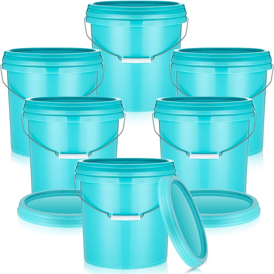 Set of 6 Blue Plastic Buckets with Lids and Handles