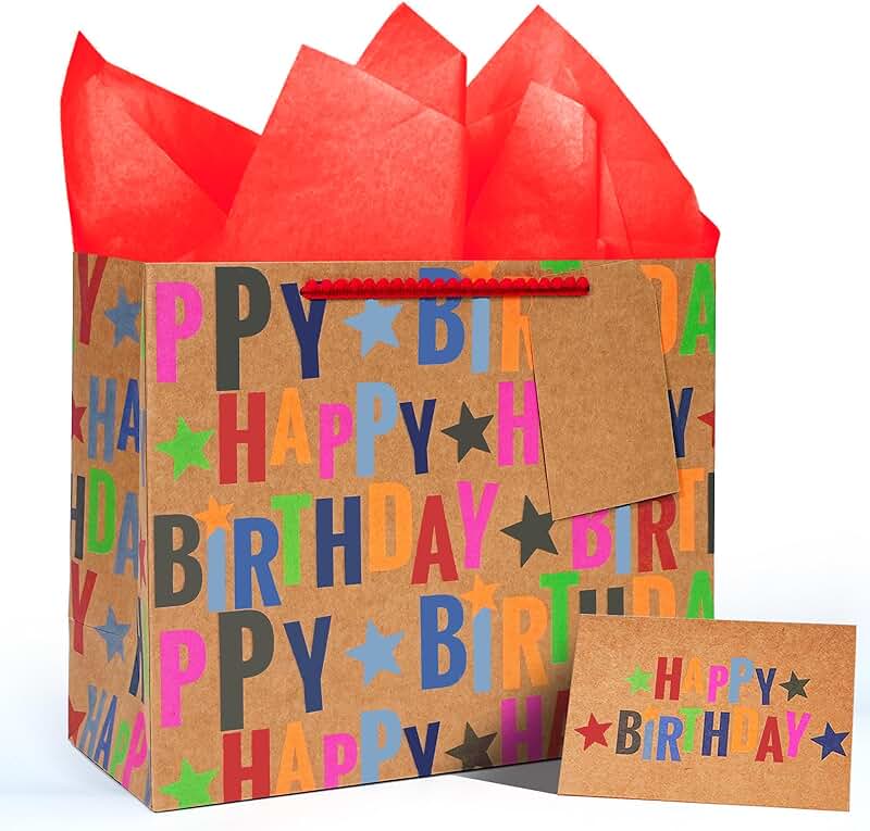 Large 13-inch Kraft Birthday Gift Bag with Tissue and Card