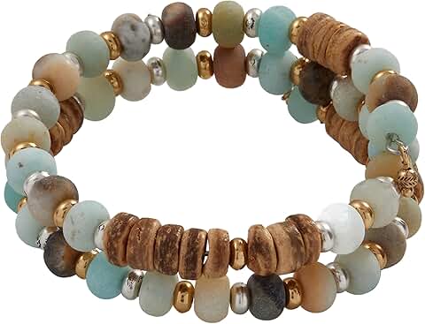 Beaded Wrap Bracelet with Amazonite and Wood, Two Tone Brown