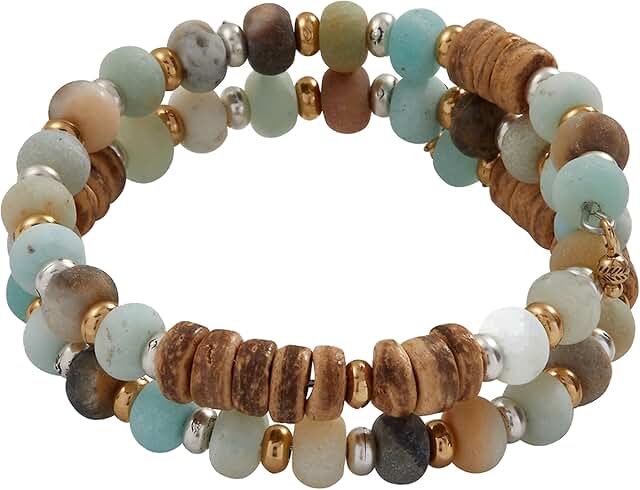 Beaded Wrap Bracelet with Amazonite and Wood, Two Tone Brown