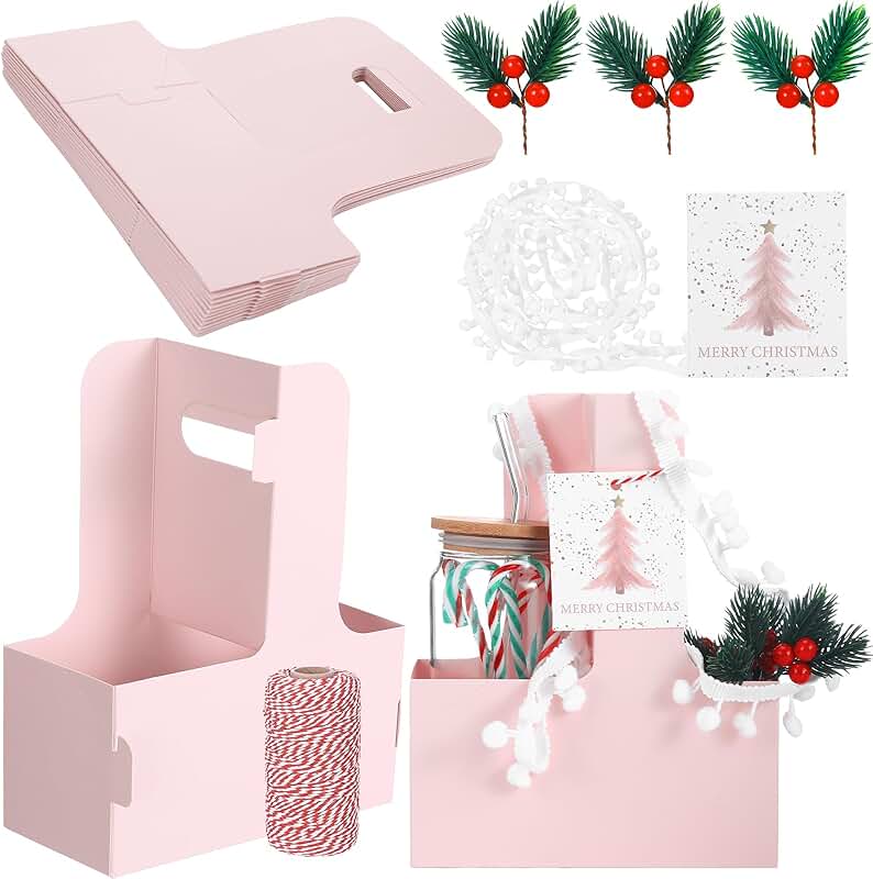 12 Christmas Drink Carriers with Cards and Ribbons
