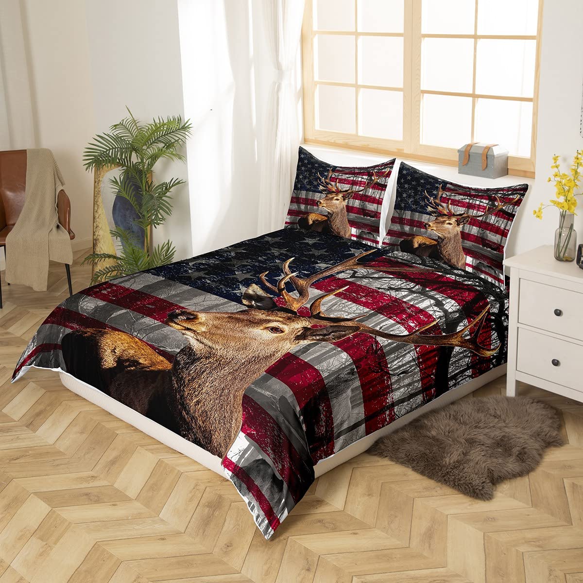 3D Deer Duvet Cover Set Queen Size Flag Bedding Set 3pcs for Kids Boys Teens Room Decor, Wildlife Animal Elk Print Comforter Cover Stars and Stripes Quilt Cover with 2 Pillowcases