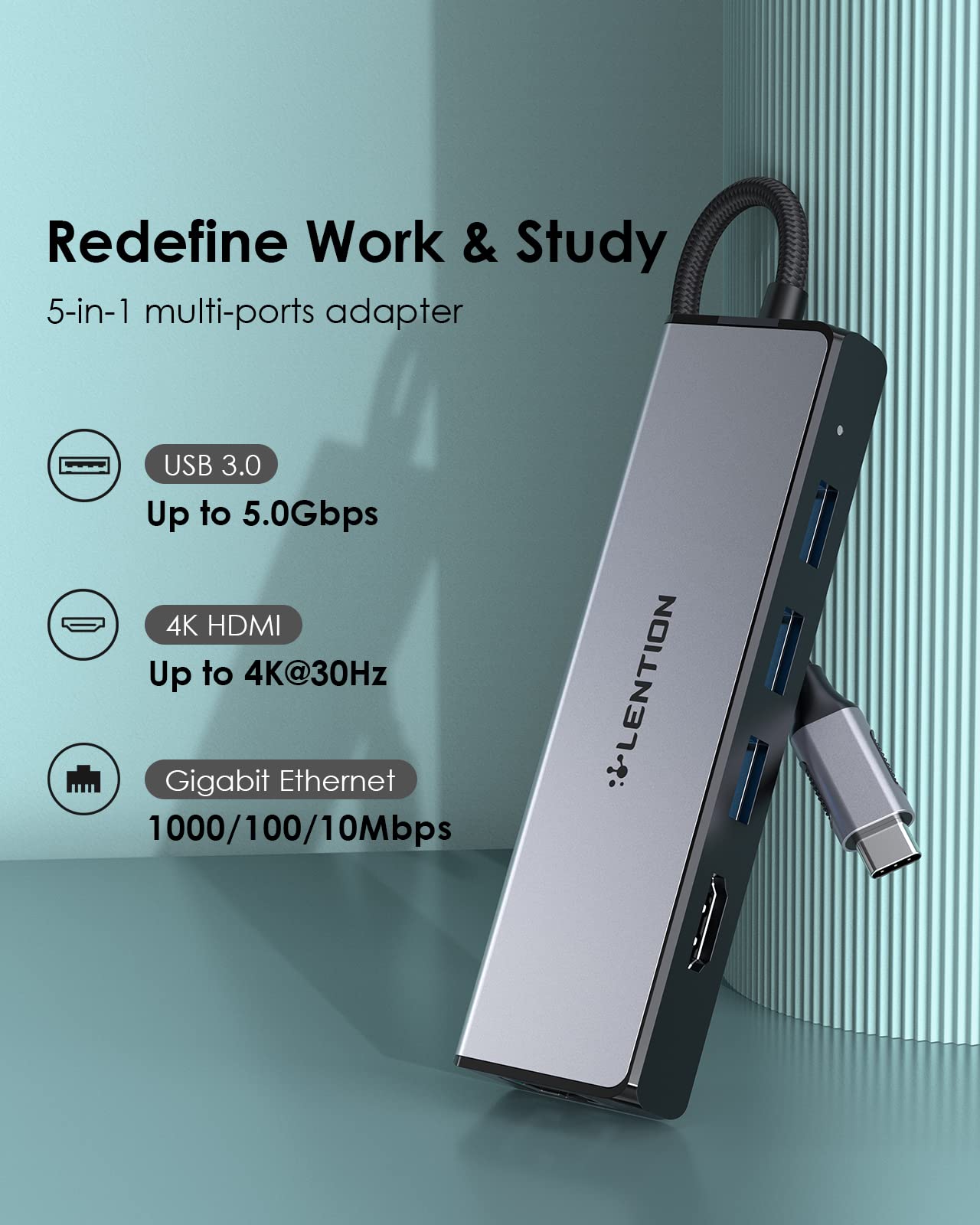 USB C Hub with Gigabit Ethernet Adapter, 4K HDMI, 3 USB 3.0 Dongle for 2022-2016 MacBook Pro 13/14/15/16, New Mac Air & Surface, Chromebook, More, Stable Driver (CB-C25, Space Gray)