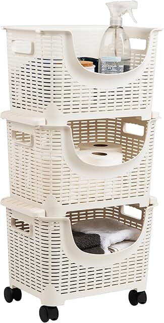 Plastic rolling storage cart for kitchen and laundry