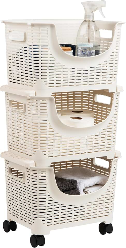 Plastic rolling storage cart for kitchen and laundry